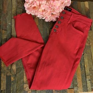 JUST BLACK Red Button Down Skinny Jeans with Plain Pockets and Raw Hem Size 26
